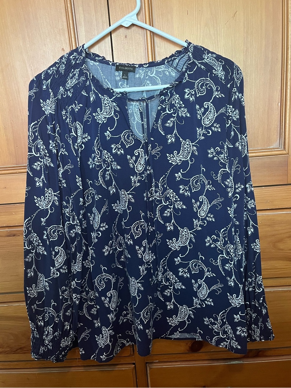 Talbots Navy and White Paisley Peasant Blouse